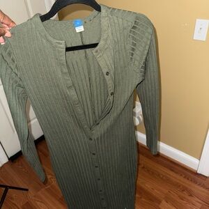 Olive Green Ribbed Button-Down Dress